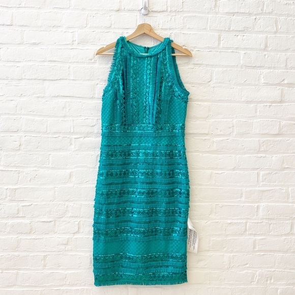 Tadashi Shoji || Norma Sequined Fringe Pencil Sheath Dress Jade Green 10 NWT - Picture 1 of 13